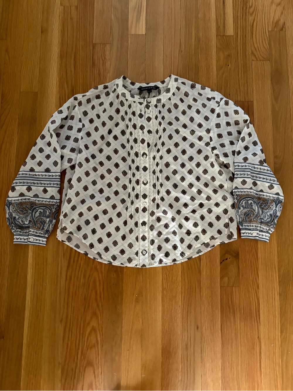 Veronica Beard White Blouse with Brown Paisley and Blue Sleeve Accents